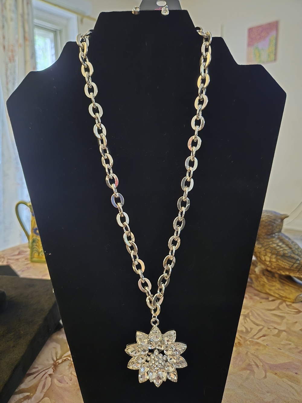 Silver Tone Floral Crystal Pendant Necklace - Women Jewelry